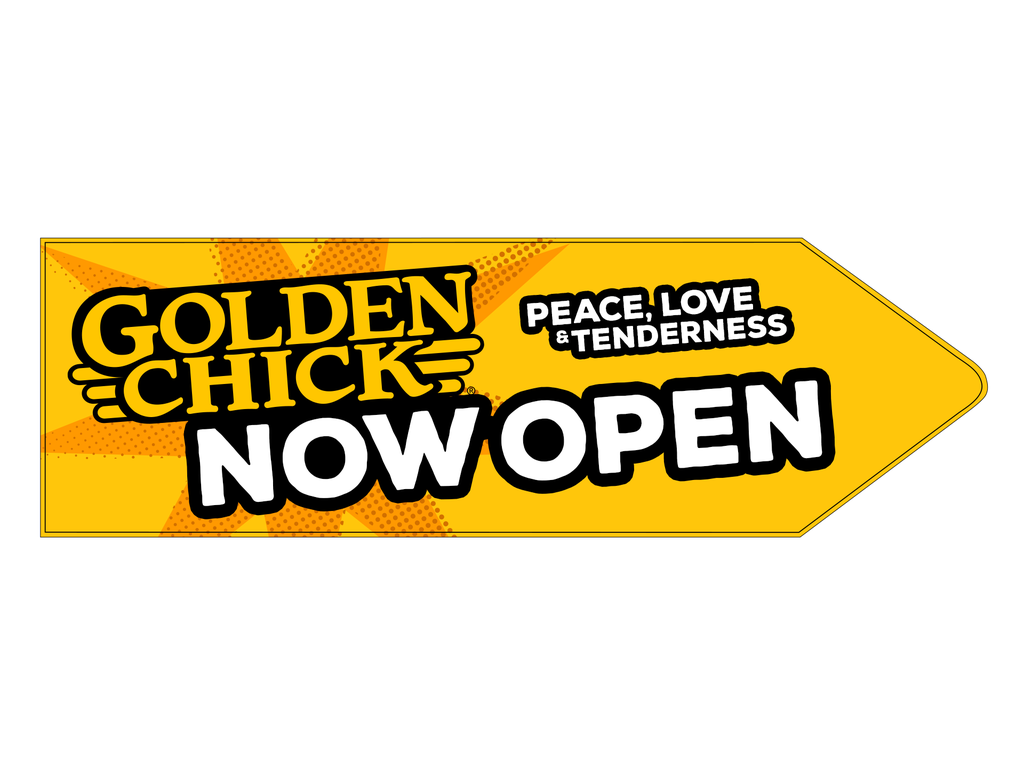 55" X 17" Golden Chick Now Open Arrow Sign 